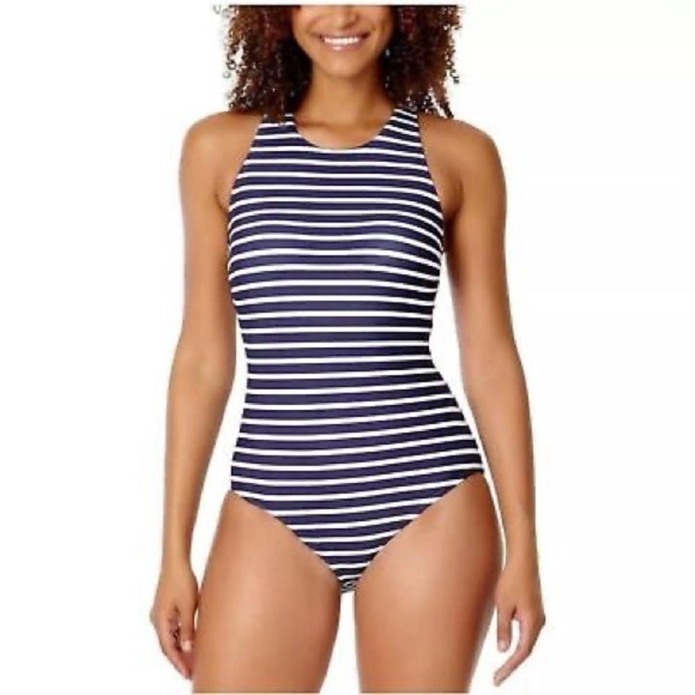 Lands' End Women's High Neck one piece Swimsuit Navy stripe built in cups - Picture 3 of 12